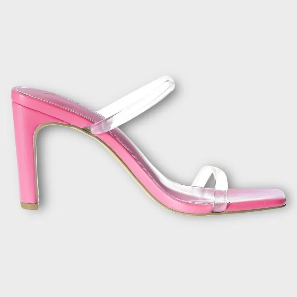 The Drop Women's Pink/Clear Avery Square Toe Two Strap High Heeled Slide Size 9